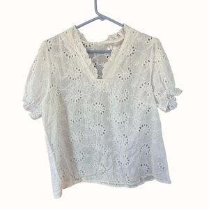 CHOUYATOU White Eyelet Broderie Anglaise Lace Top Ruffled Sleeves Cottagecore